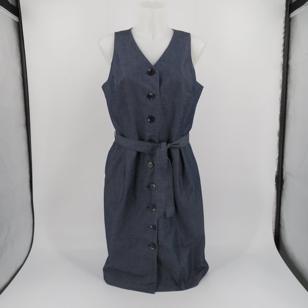 Liz Claiborne Denim Button Front Sleeveless Belted Lined Jumper Dress Size 12